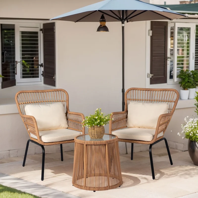 Ensemble bistrot 3 pièces en osier pour conversation, salon de jardin en rotin résistant aux intempéries avec coussins