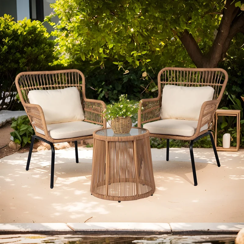Ensemble bistrot 3 pièces en osier pour conversation, salon de jardin en rotin résistant aux intempéries avec coussins