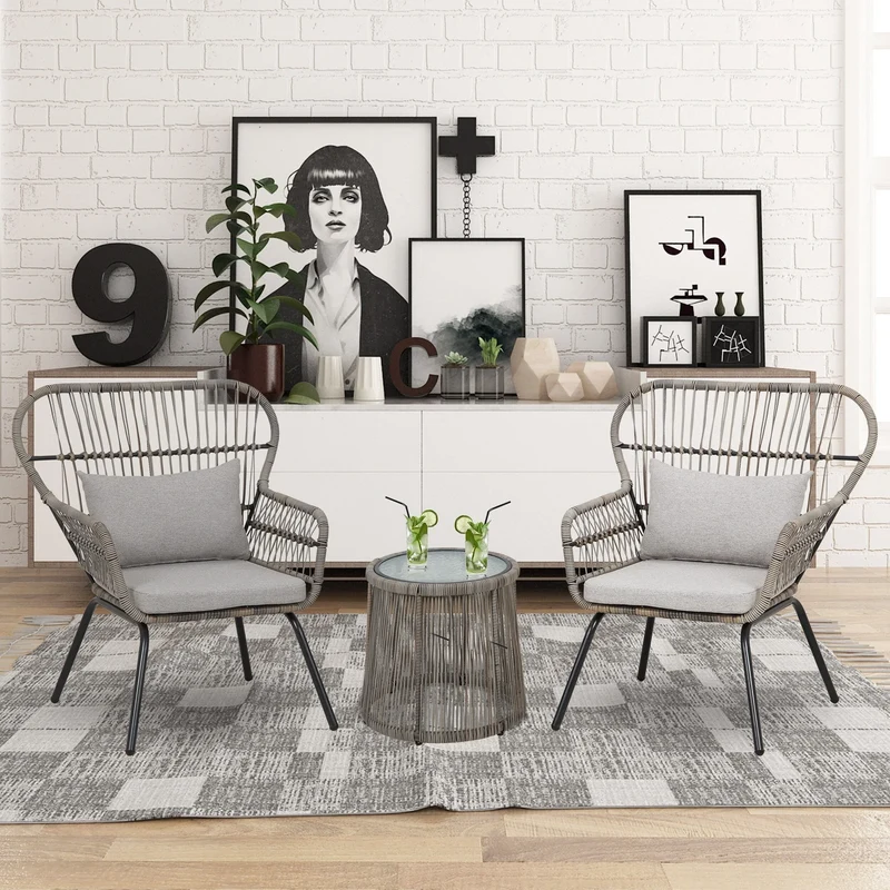 Ensemble bistrot 3 pièces en osier pour conversation, salon de jardin en rotin résistant aux intempéries avec coussins