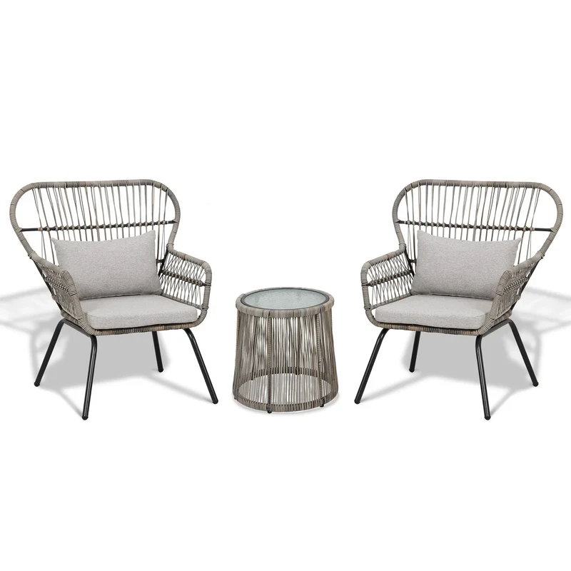 Ensemble bistrot 3 pièces en osier pour conversation, salon de jardin en rotin résistant aux intempéries avec coussins