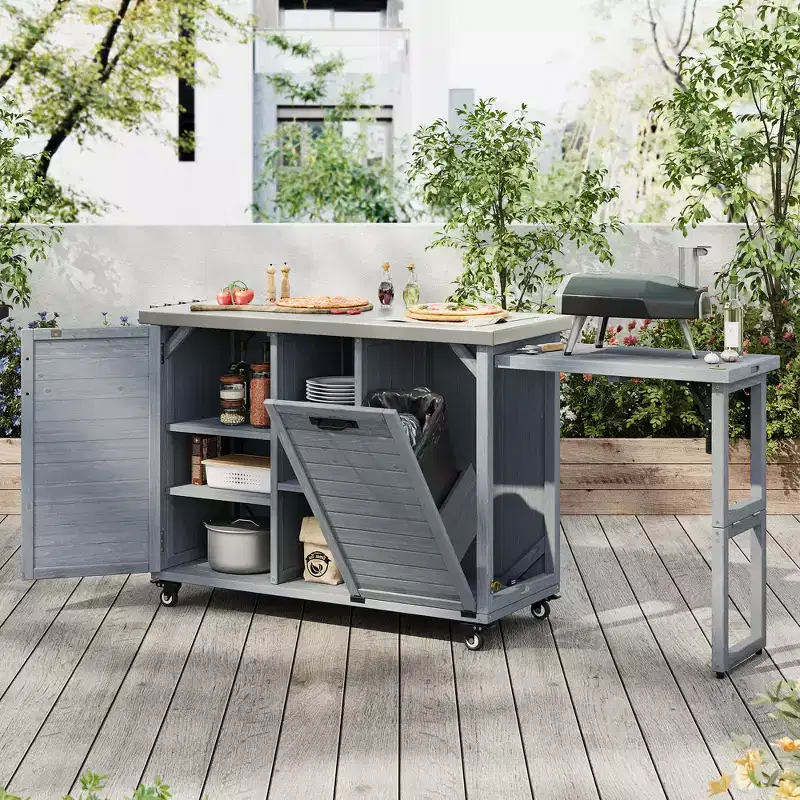 Îlot de cuisine d'extérieur FAMYYT de 198,9 cm avec comptoir en acier inoxydable, station de barbecue pliable et armoires de rangement, Bleu Gris