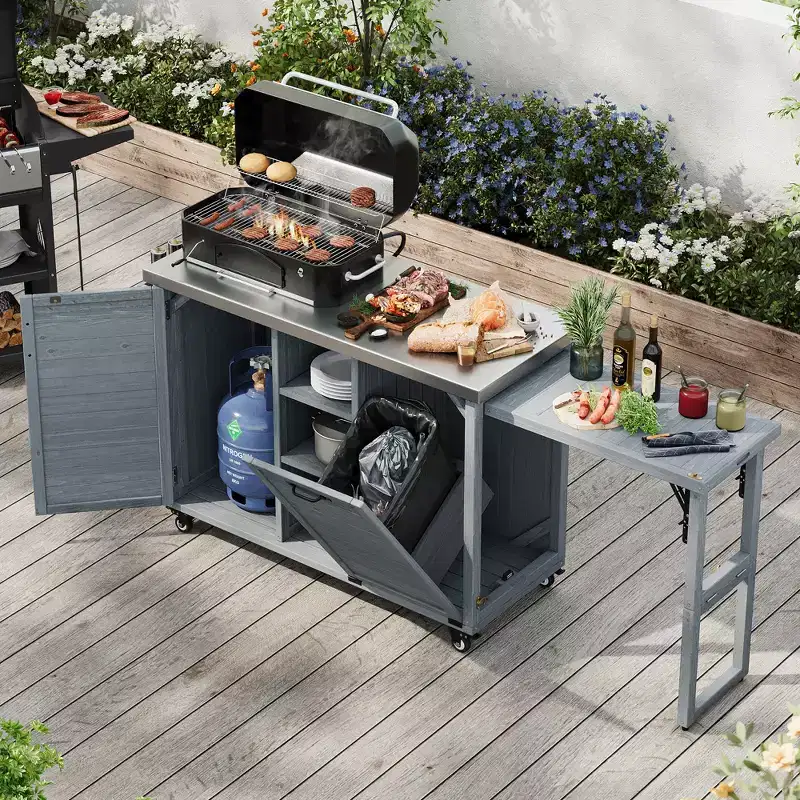Îlot de cuisine d'extérieur FAMYYT de 198,9 cm avec comptoir en acier inoxydable, station de barbecue pliable et armoires de rangement, Bleu Gris