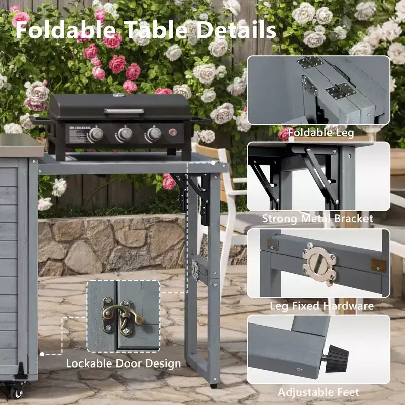 Îlot de cuisine d'extérieur FAMYYT de 198,9 cm avec comptoir en acier inoxydable, station de barbecue pliable et armoires de rangement, Bleu Gris