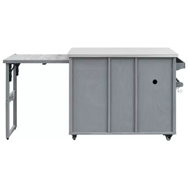 Îlot de cuisine d'extérieur FAMYYT de 198,9 cm avec comptoir en acier inoxydable, station de barbecue pliable et armoires de rangement, Bleu Gris