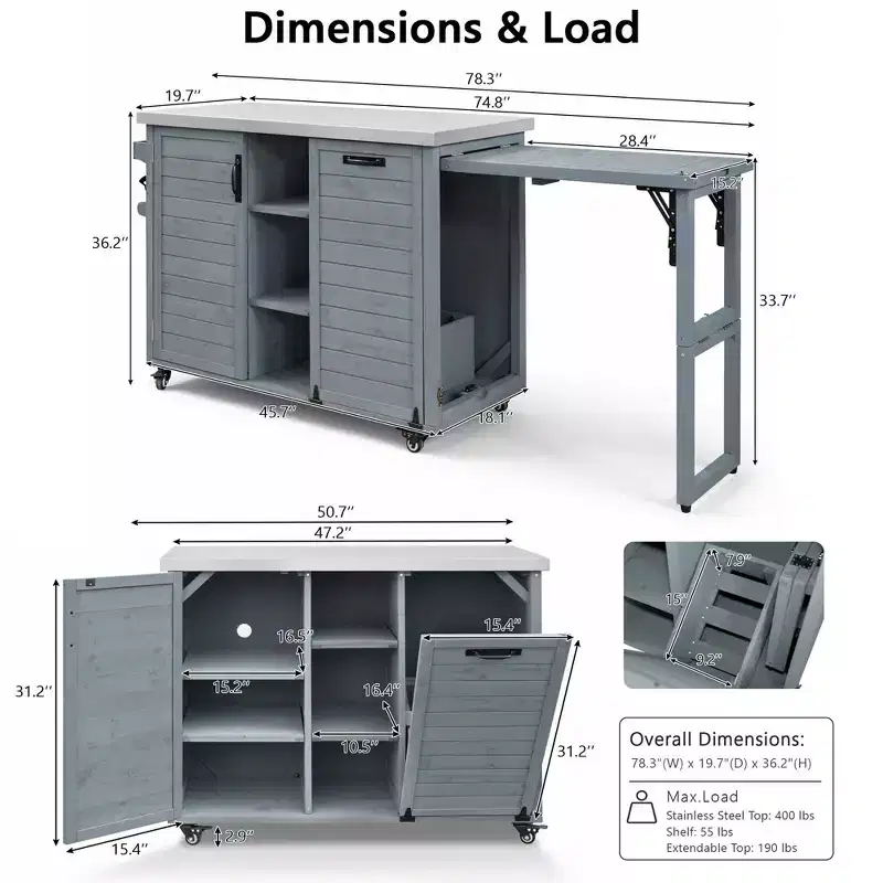 Îlot de cuisine d'extérieur FAMYYT de 198,9 cm avec comptoir en acier inoxydable, station de barbecue pliable et armoires de rangement, Bleu Gris