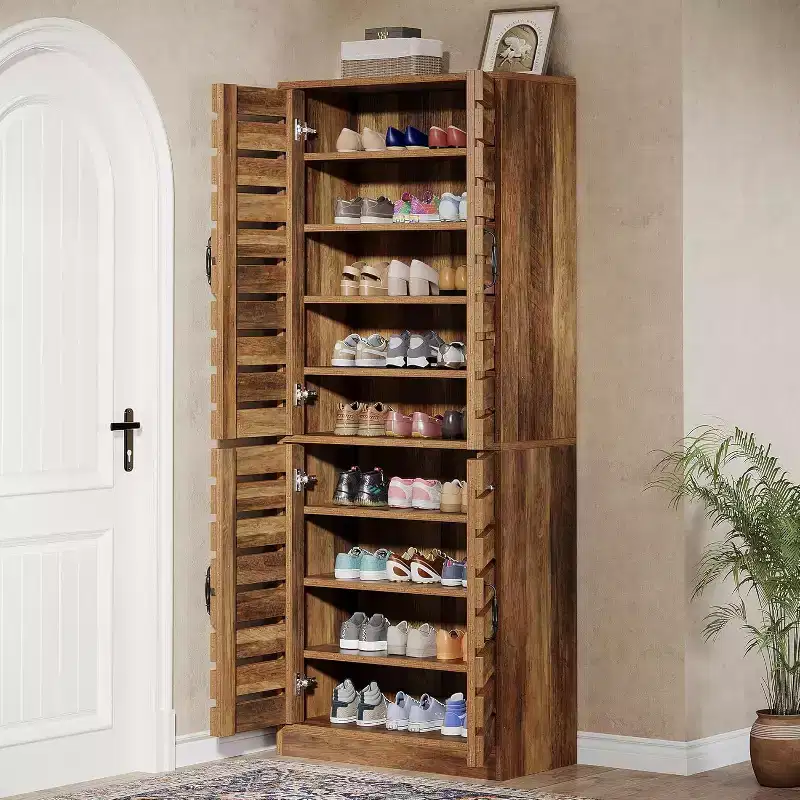 Lantine Meuble à chaussures haut 70,8" avec portes persiennes, meuble de rangement vertical pour 27 paires de chaussures à 9 niveaux