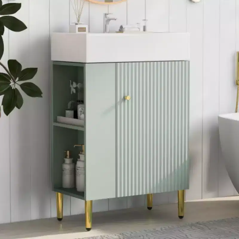 Meuble-lavabo de salle de bain blanc de 21,6 po, ensemble avec meuble de rangement, vasque en céramique simple, rangement à gauche