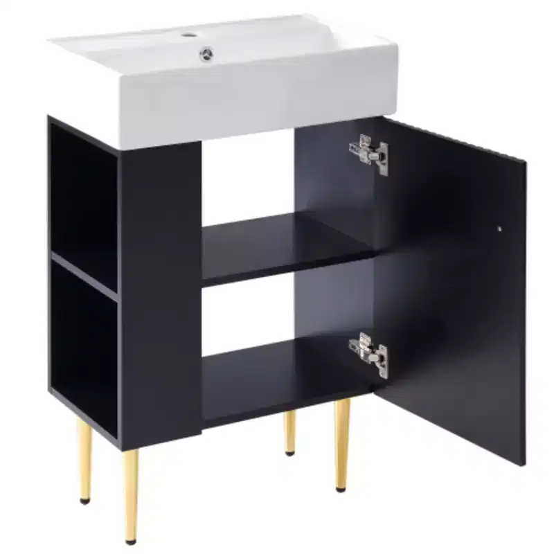 Meuble-lavabo de salle de bain blanc de 21,6 po, ensemble avec meuble de rangement, vasque en céramique simple, rangement à gauche