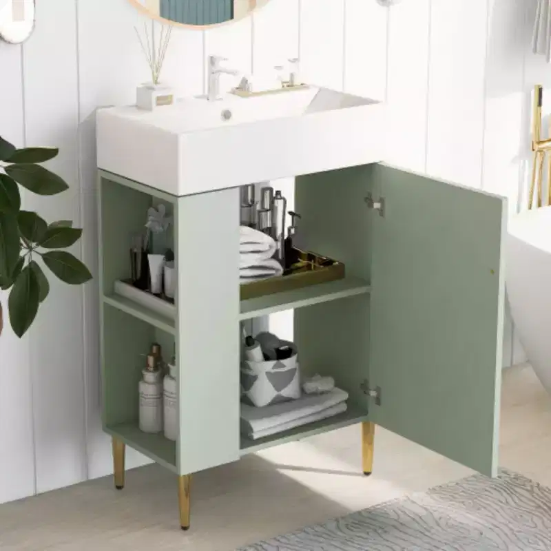 Meuble-lavabo de salle de bain blanc de 21,6 po, ensemble avec meuble de rangement, vasque en céramique simple, rangement à gauche