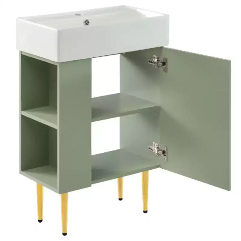 Meuble-lavabo de salle de bain blanc de 21,6 po, ensemble avec meuble de rangement, vasque en céramique simple, rangement à gauche