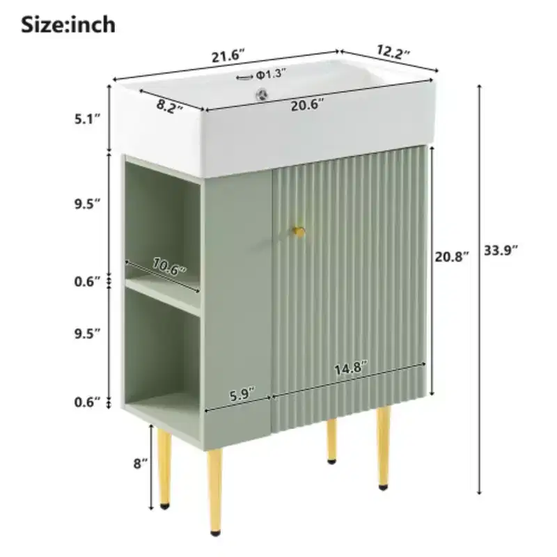 Meuble-lavabo de salle de bain blanc de 21,6 po, ensemble avec meuble de rangement, vasque en céramique simple, rangement à gauche