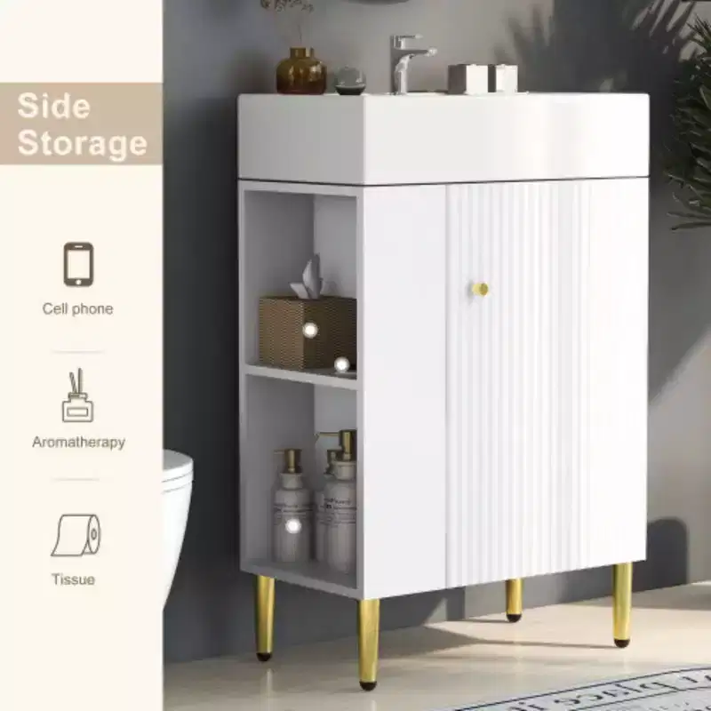 Meuble-lavabo de salle de bain blanc de 21,6 po, ensemble avec meuble de rangement, vasque en céramique simple, rangement à gauche