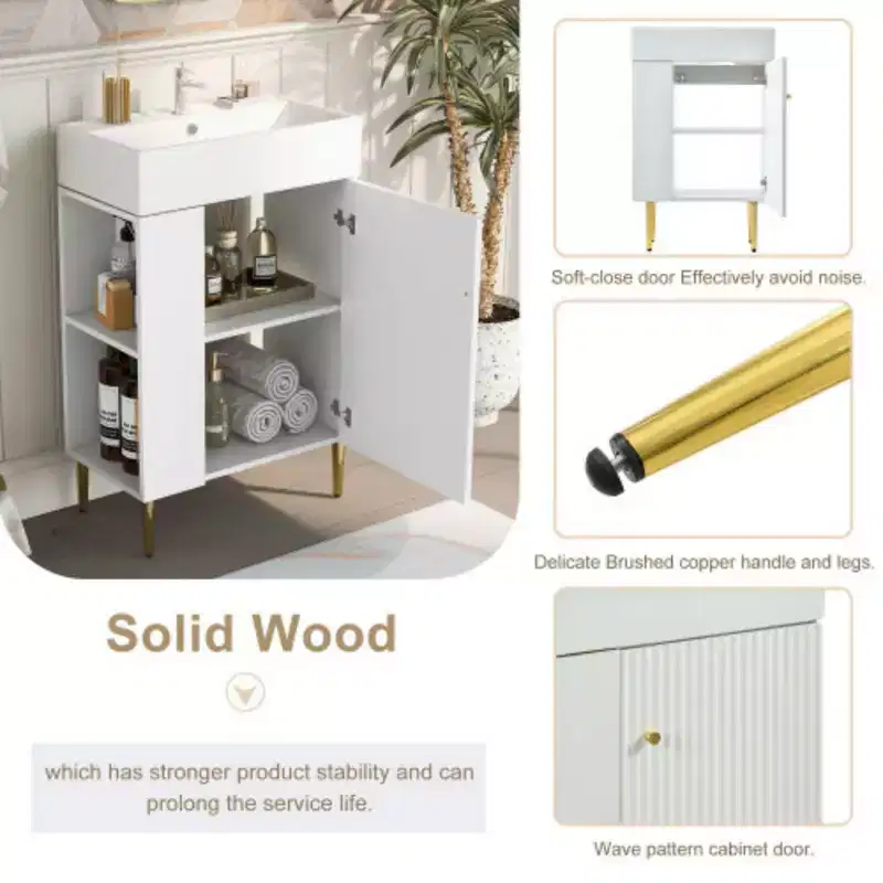 Meuble-lavabo de salle de bain blanc de 21,6 po, ensemble avec meuble de rangement, vasque en céramique simple, rangement à gauche