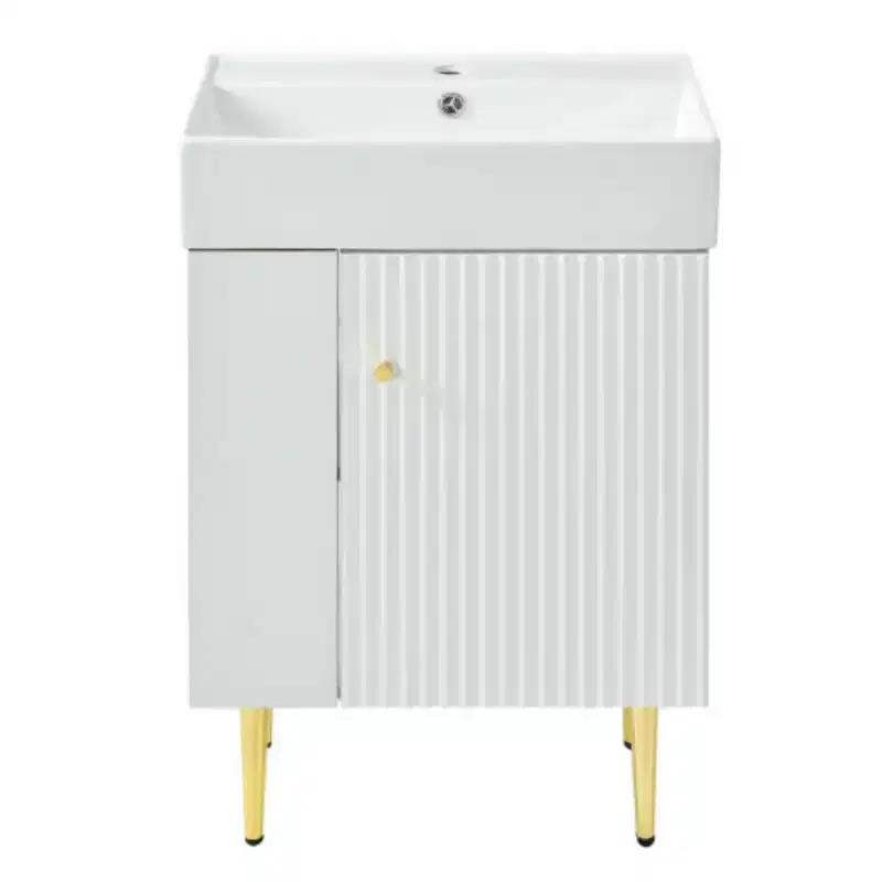 Meuble-lavabo de salle de bain blanc de 21,6 po, ensemble avec meuble de rangement, vasque en céramique simple, rangement à gauche