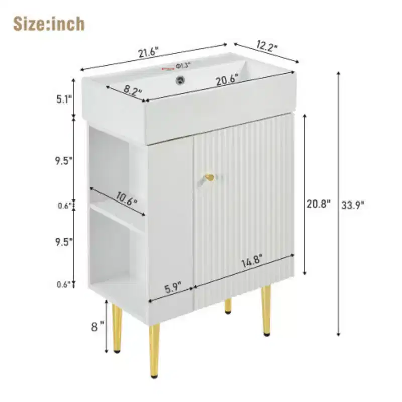 Meuble-lavabo de salle de bain blanc de 21,6 po, ensemble avec meuble de rangement, vasque en céramique simple, rangement à gauche