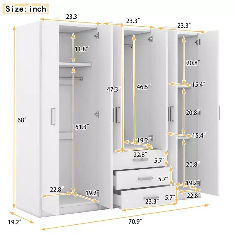 Armoire 6 portes en bois avec tiroirs pour chambre à coucher