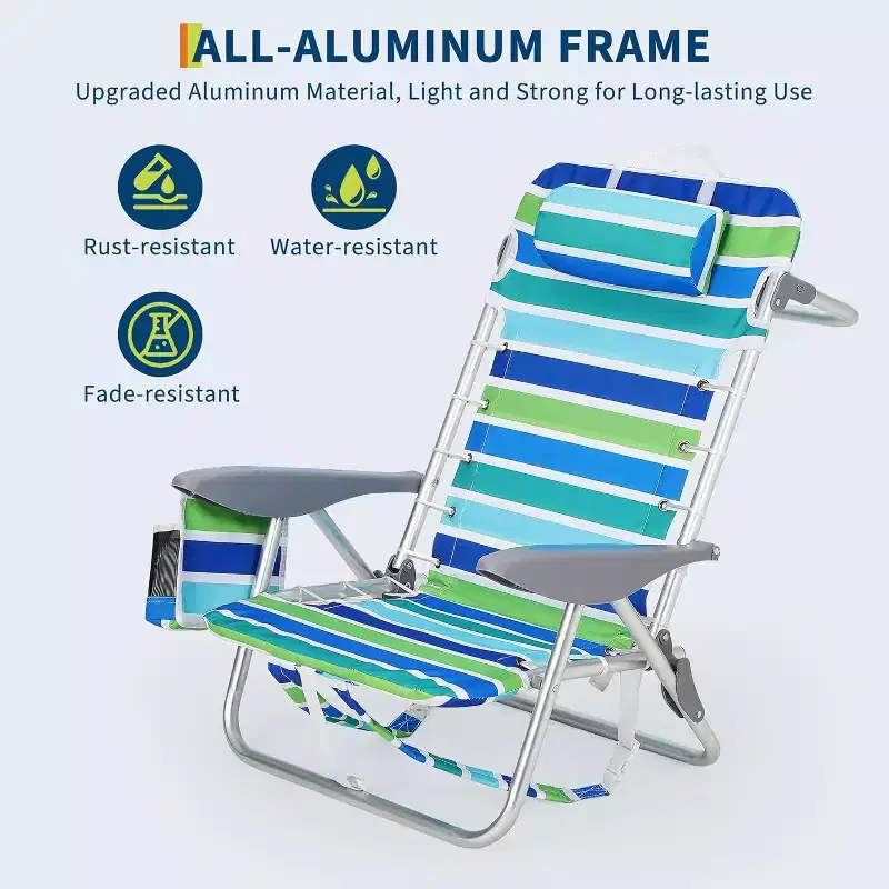 Acekool Lot de 2 chaises de plage légères pliables à 5 positions pour adultes avec sangles, porte-gobelet et barre à serviettes, supporte 136 kg
