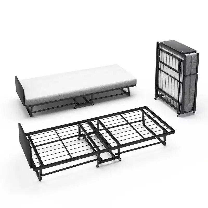 Lit pliant avec matelas, Lits d'appoint portables avec 4 roulettes, Matelas en mousse et cadre en métal, Lit pliant compact de taille berceau