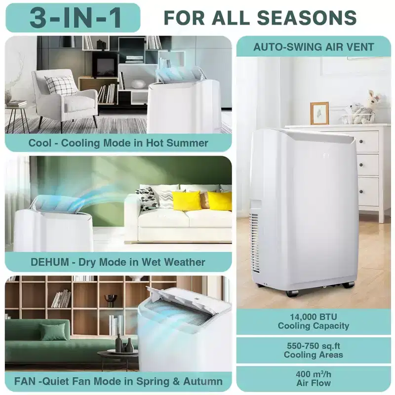 Climatiseur Portable de 14 000 BTU, Refroidit Jusqu'à 70 m², Unité de Climatisation Portable avec Déshumidificateur