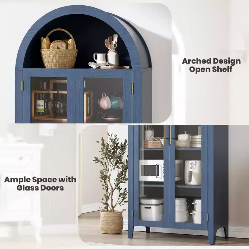 Haut meuble de rangement arqué avec portes vitrées, bibliothèque de présentation à 5 niveaux avec étagères réglables pour cuisine ou salon