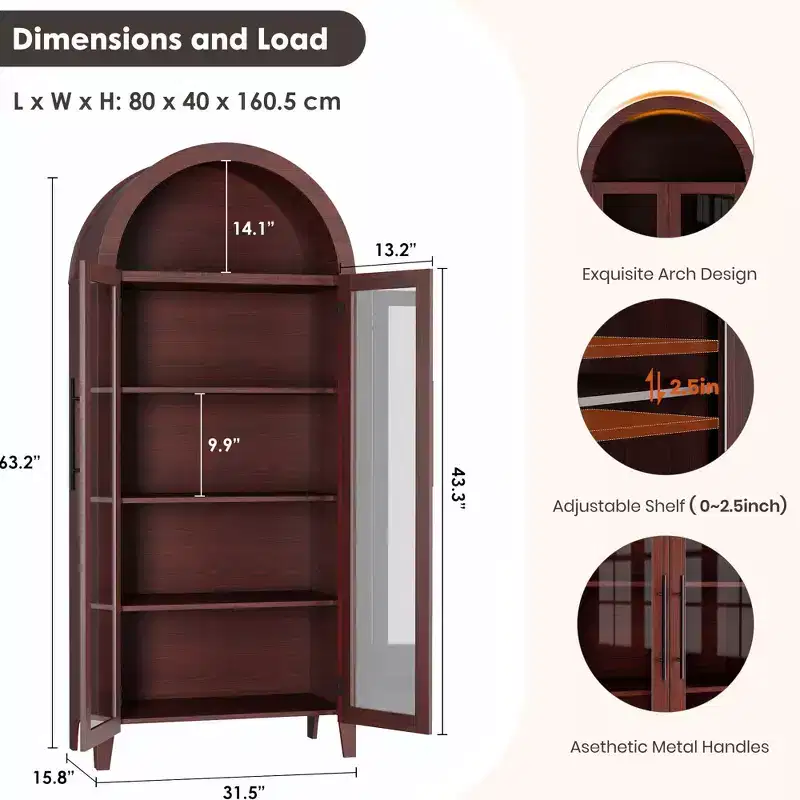 Haut meuble de rangement arqué avec portes vitrées, bibliothèque de présentation à 5 niveaux avec étagères réglables pour cuisine ou salon