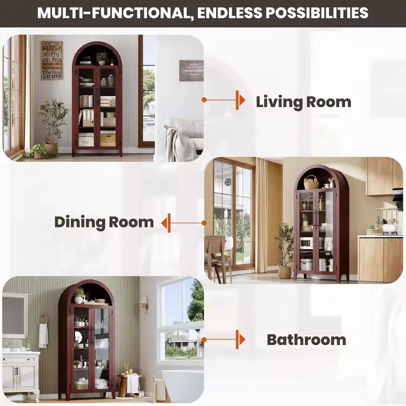 Haut meuble de rangement arqué avec portes vitrées, bibliothèque de présentation à 5 niveaux avec étagères réglables pour cuisine ou salon