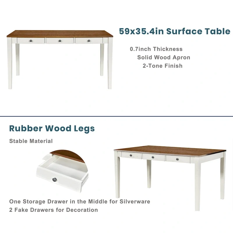 Ensemble de salle à manger 6 pièces en bois avec 4 chaises et un banc, table avec tiroir