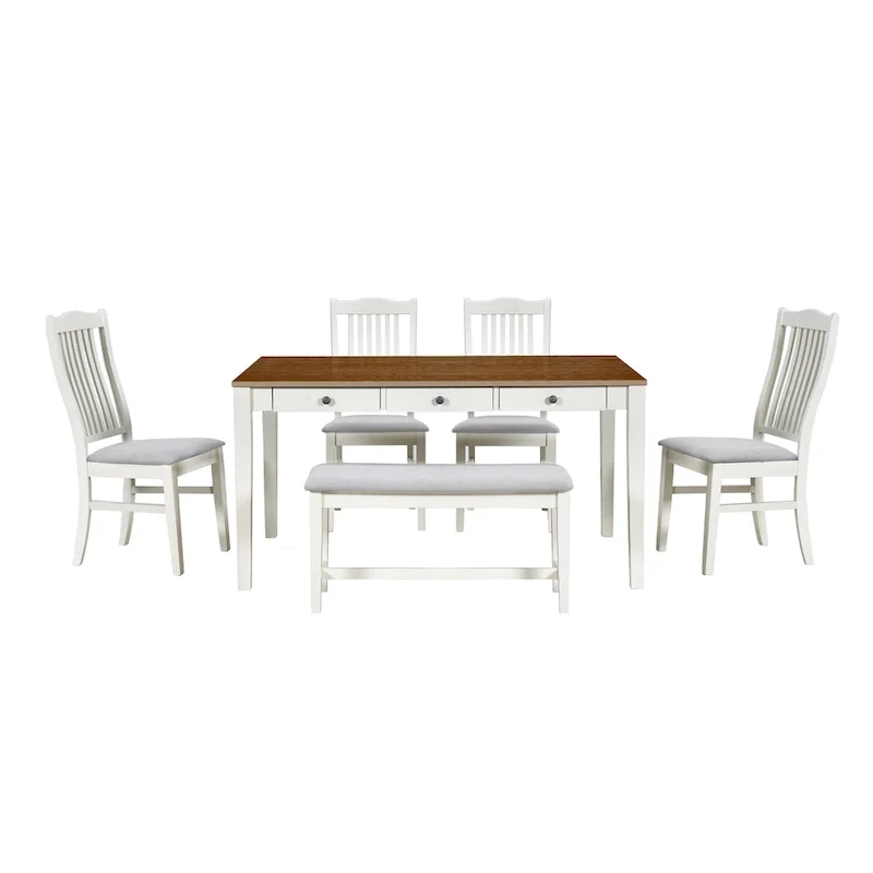 Ensemble de salle à manger 6 pièces en bois avec 4 chaises et un banc, table avec tiroir