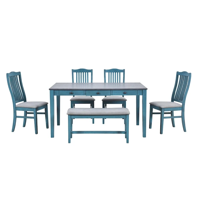 Ensemble de salle à manger 6 pièces en bois avec 4 chaises et un banc, table avec tiroir