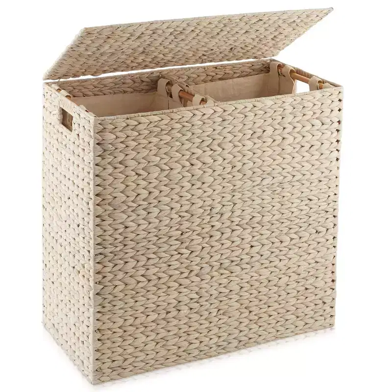 Panier à linge Casafield à 2 sections avec couvercle et sacs de doublure amovibles, trieur de linge tressé en jacinthe d'eau pour vêtements
