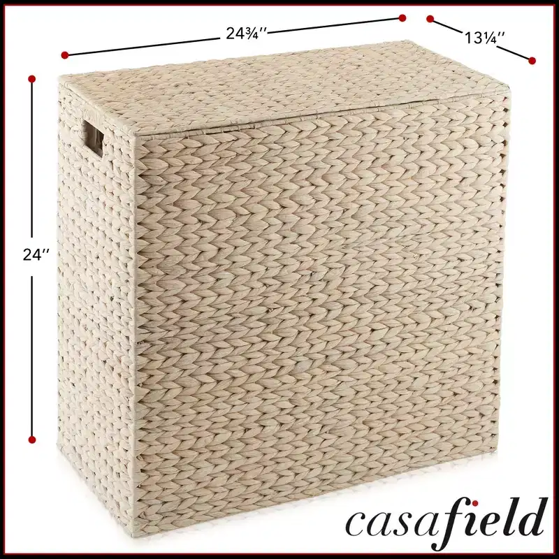 Panier à linge Casafield à 2 sections avec couvercle et sacs de doublure amovibles, trieur de linge tressé en jacinthe d'eau pour vêtements