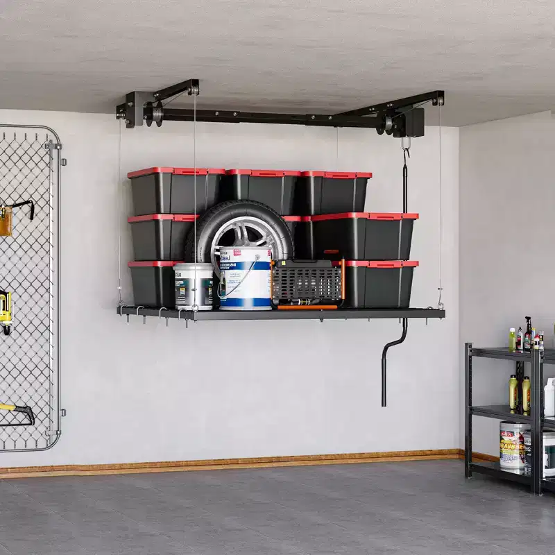 Étagère de rangement de garage robuste réglable, à fixation au plafond avec verrou de sécurité, capacité de 113 kg pour bacs, outils, vélos et garage