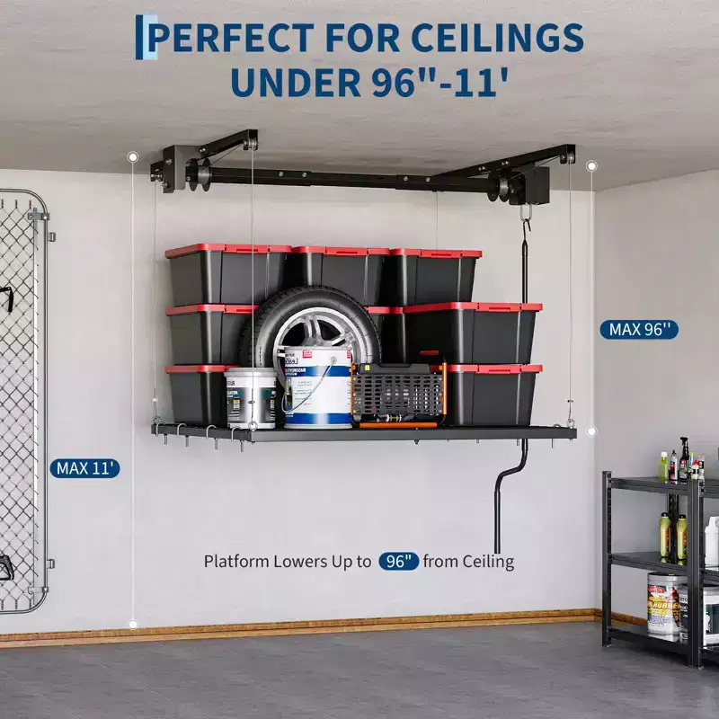 Étagère de rangement de garage robuste réglable, à fixation au plafond avec verrou de sécurité, capacité de 113 kg pour bacs, outils, vélos et garage