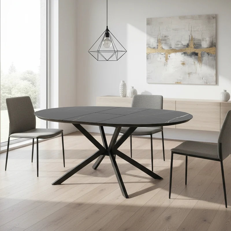 Tavolo rotondo allungabile piano effetto marmo nero con dettagli oro lucido 126x126x76H Dobok