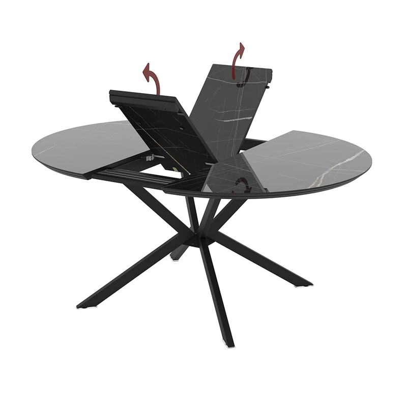 Tavolo rotondo allungabile piano effetto marmo nero con dettagli oro lucido 126x126x76H Dobok