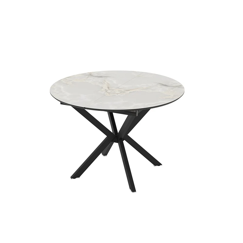 Tavolo rotondo allungabile effetto marmo bianco mola con gambe nere in metallo 110x110x76H Diano