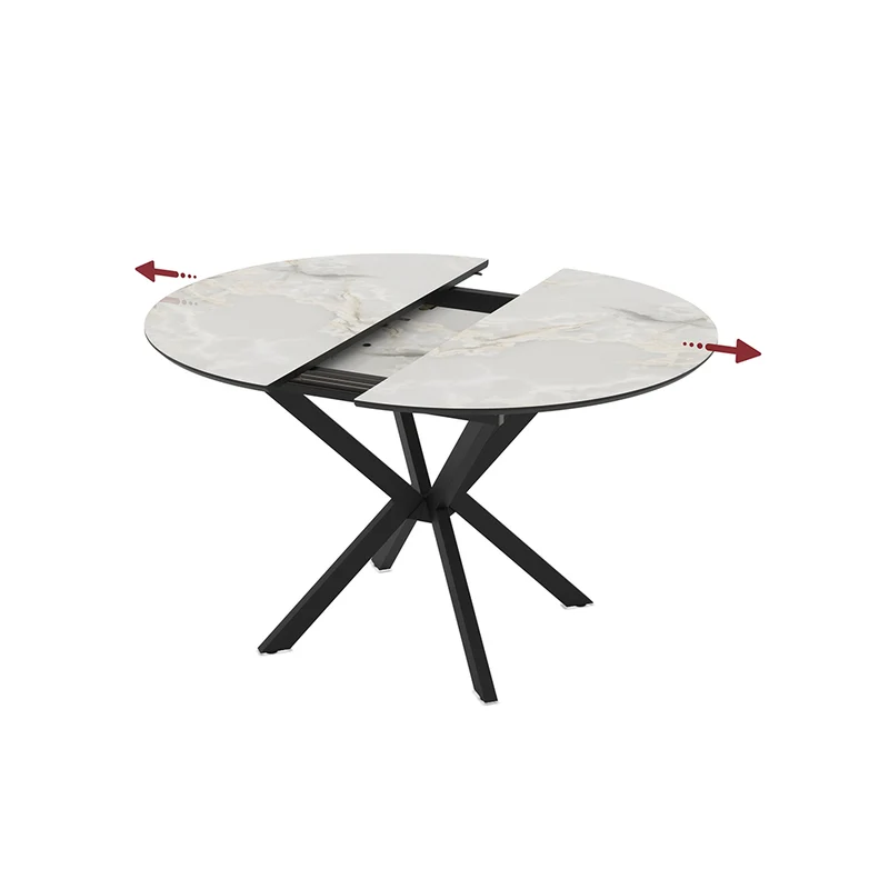 Tavolo rotondo allungabile effetto marmo bianco mola con gambe nere in metallo 110x110x76H Diano