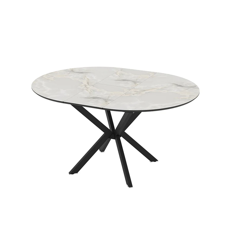 Tavolo rotondo allungabile effetto marmo bianco mola con gambe nere in metallo 110x110x76H Diano