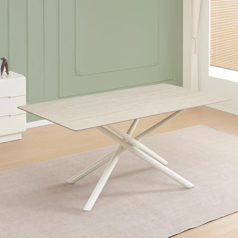 Tavolo fisso con piano effetto marmo travertino e struttura in metallo bianco stile Shangai 180x90 Corveo