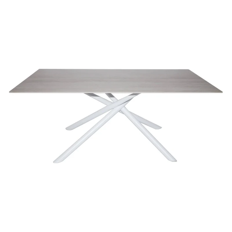 Tavolo fisso con piano effetto marmo travertino e struttura in metallo bianco stile Shangai 180x90 Corveo