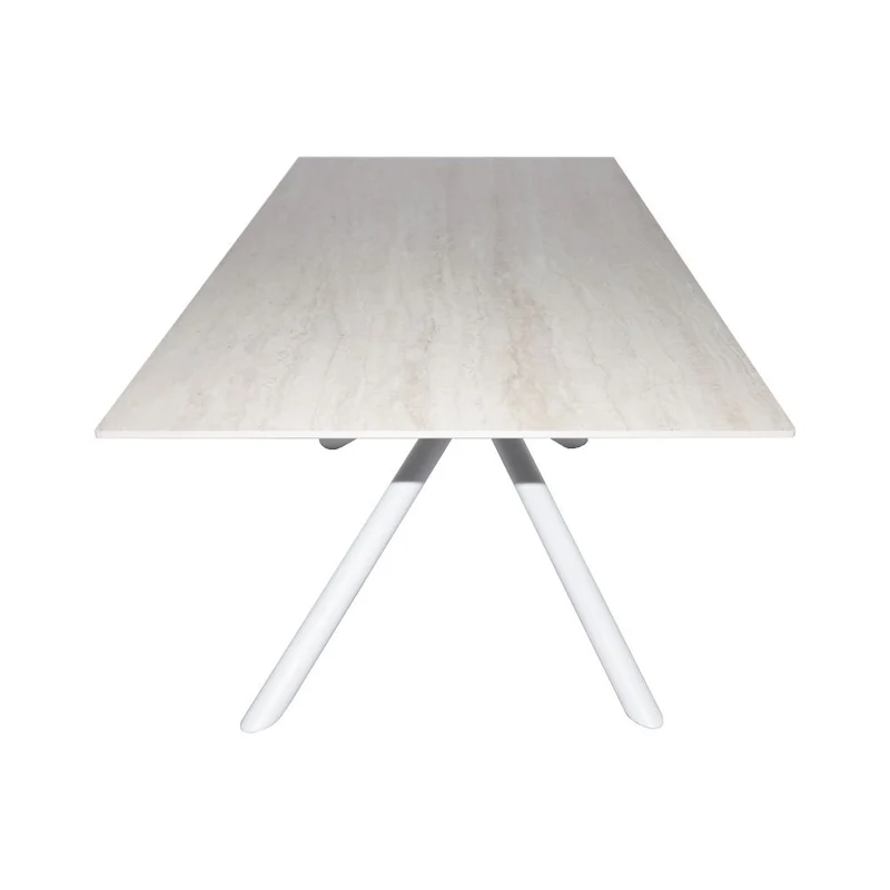 Tavolo fisso con piano effetto marmo travertino e struttura in metallo bianco stile Shangai 180x90 Corveo