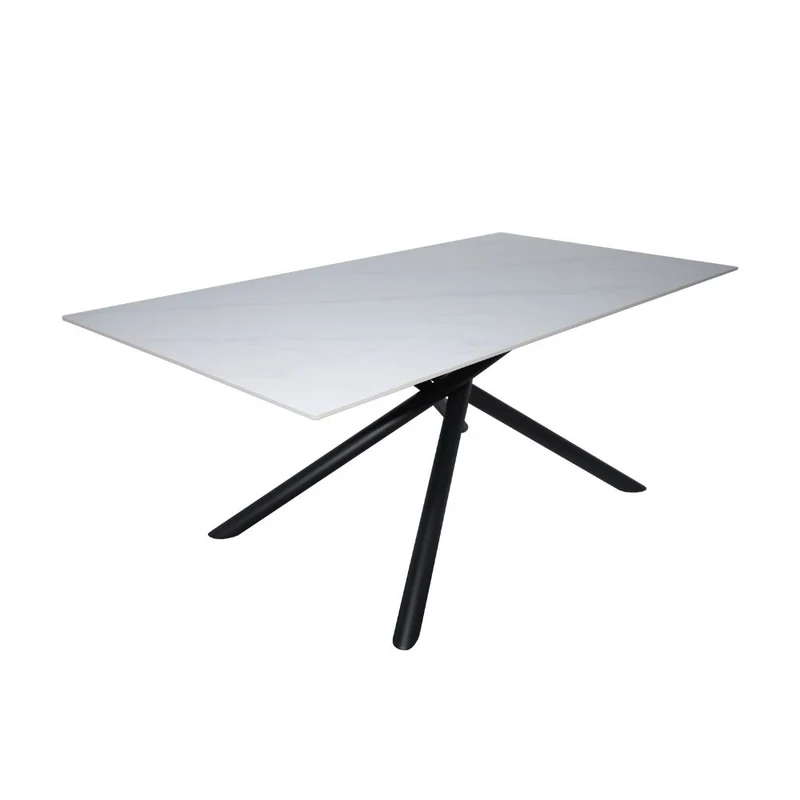 Tavolo fisso con piano effetto marmo bianco e struttura in metallo nero stile Shangai 180x90 Corveo