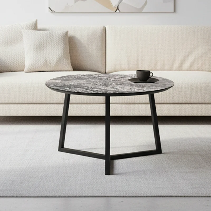 Tavolino da salotto con piano effetto marmo nero arabesque e gambe nere Klint