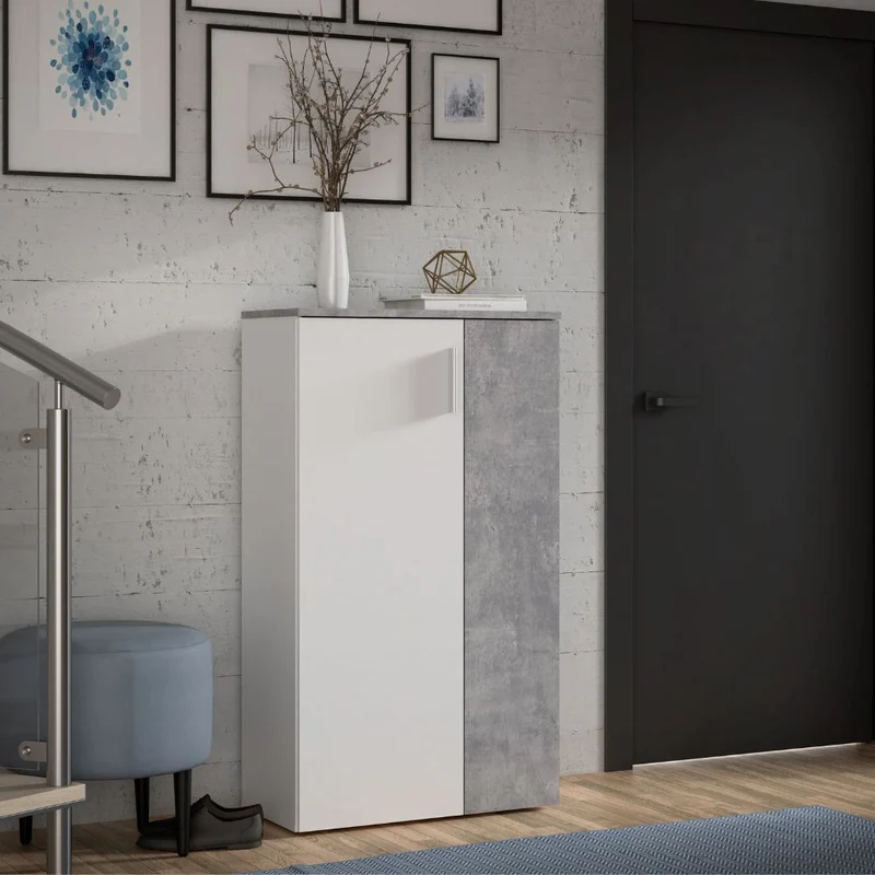 Mobile multiuso scarpiera 2 ante con 5 ripiani colore bianco e cemento 69x34x120H Lucio