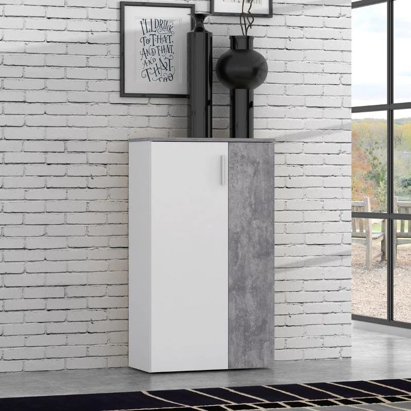 Mobile multiuso scarpiera 2 ante con 5 ripiani colore bianco e cemento 69x34x120H Lucio