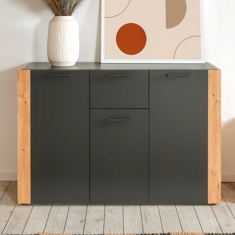 Madia 3 ante e 1 cassetto colore antracite con laterali in rovere artisan Cento01B