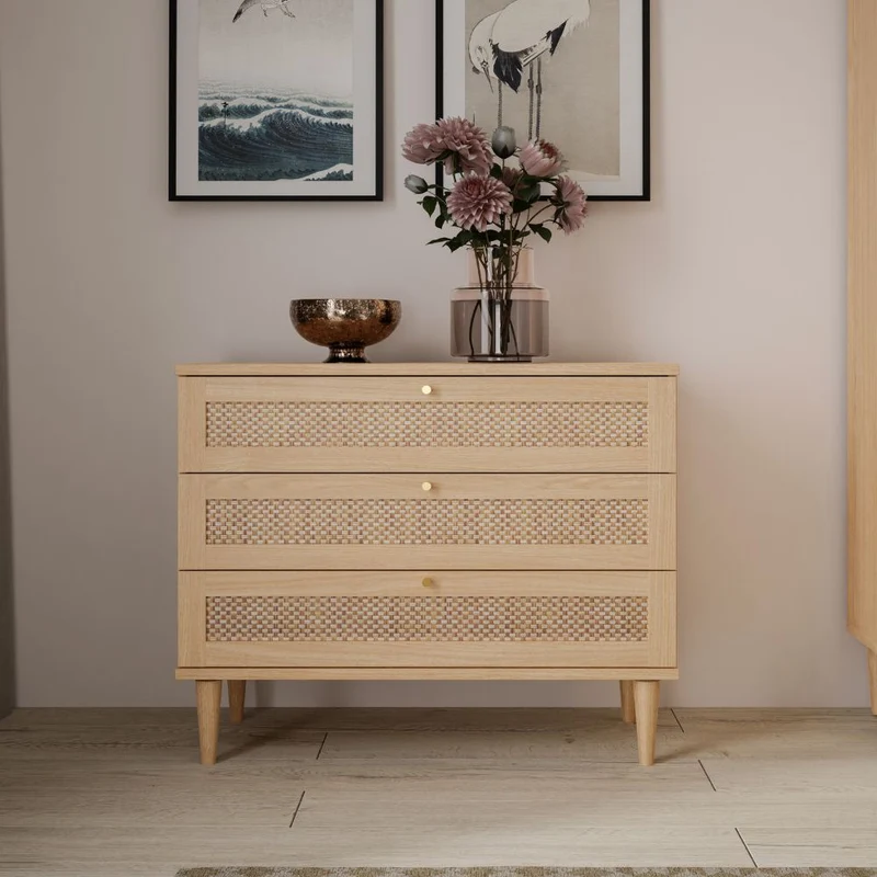 Cassettiera 3 cassetti in rovere con dettagli effetto Rattan 90.4x41.4x80H Livia