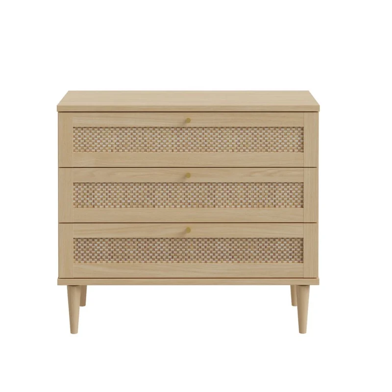 Cassettiera 3 cassetti in rovere con dettagli effetto Rattan 90.4x41.4x80H Livia
