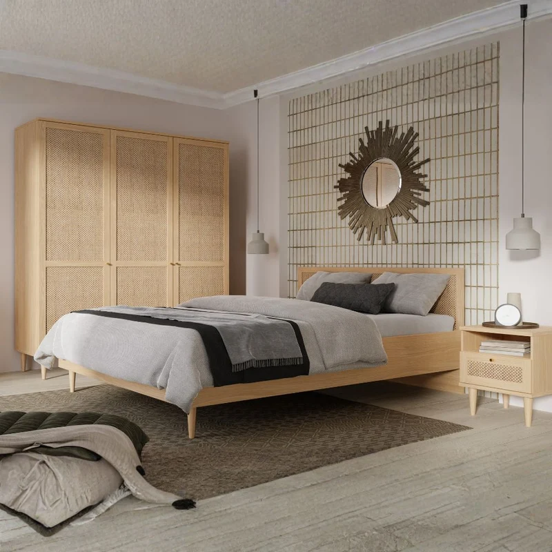 Letto matrimoniale con testiera effetto rattan colore rovere Livia