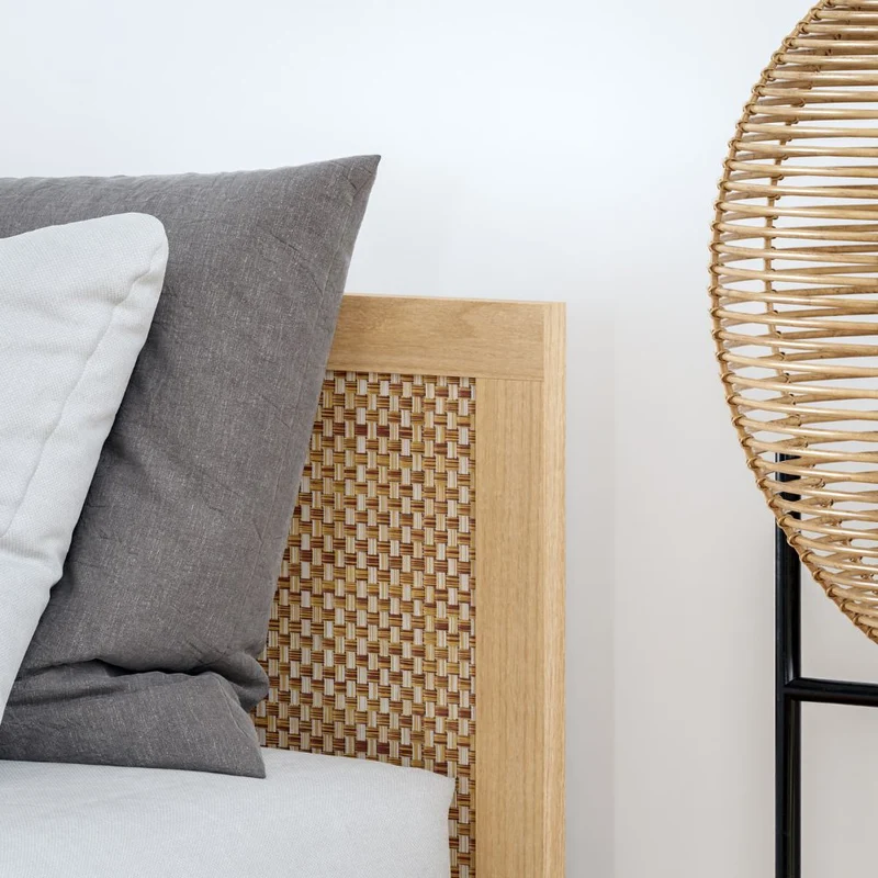 Letto matrimoniale con testiera effetto rattan colore rovere Livia